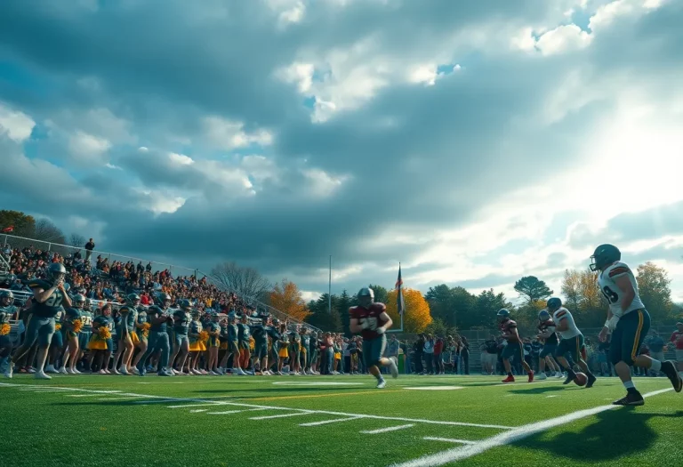 High school football players in action during a game in Minnesota