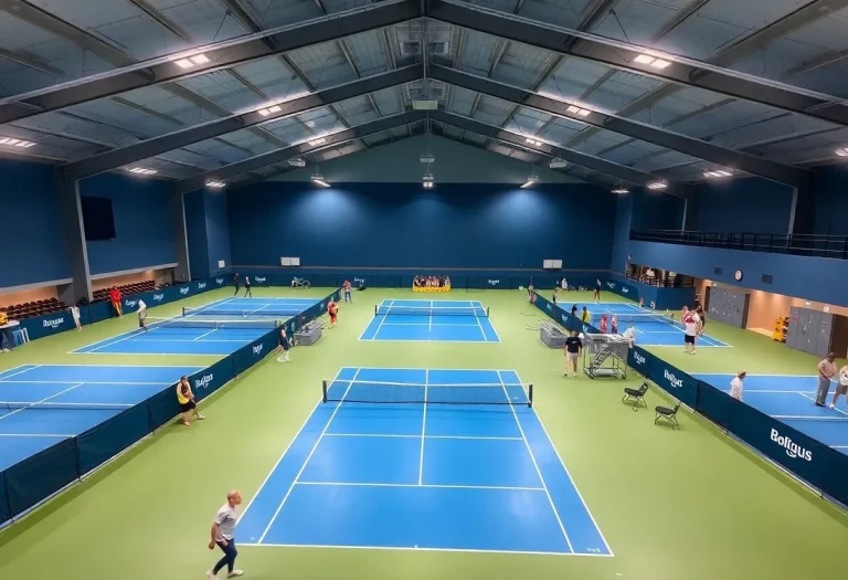 Inside view of newly renovated Mint Valley Tennis Center filled with tennis players.