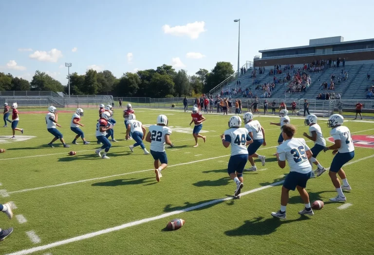 Football players practicing on field with fans cheering