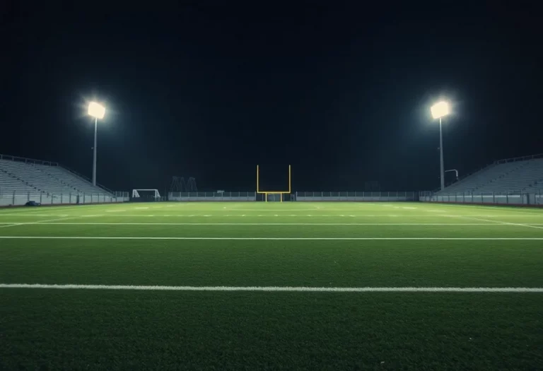 Empty football field at night with stadium lights