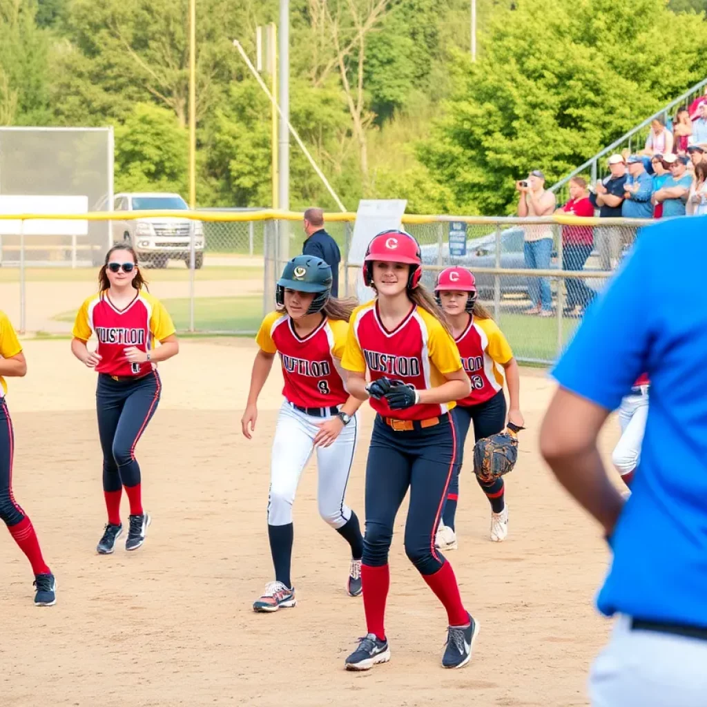 High school softball teams competing on the field in Muskegon.