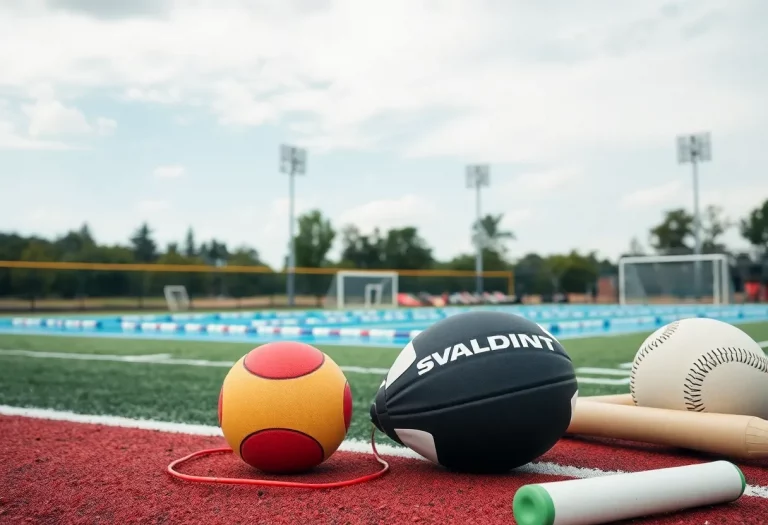 Multi-sport equipment representing swimming, basketball, and softball