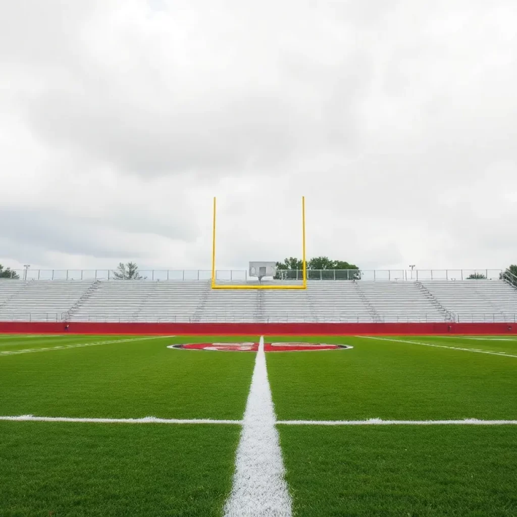 An empty high school football field representing the playoff ban.