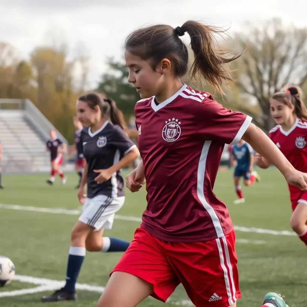 Young athletes playing soccer in Nebraska high school match