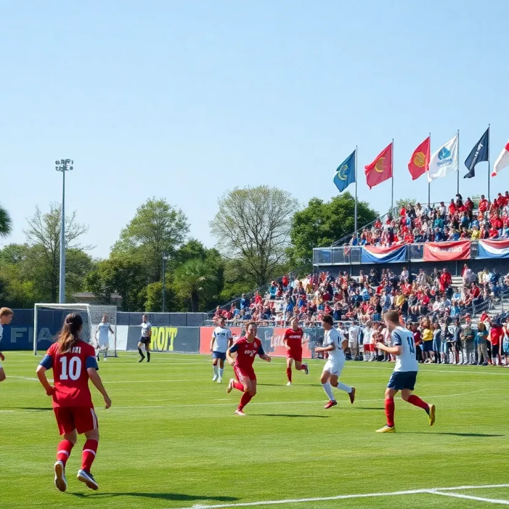 High school soccer teams competing on a field