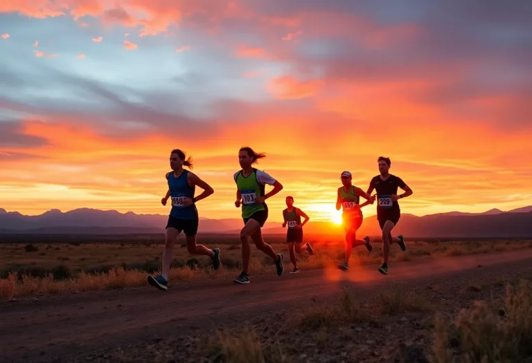 A group of cross country runners racing through a scenic Nevada landscape.
