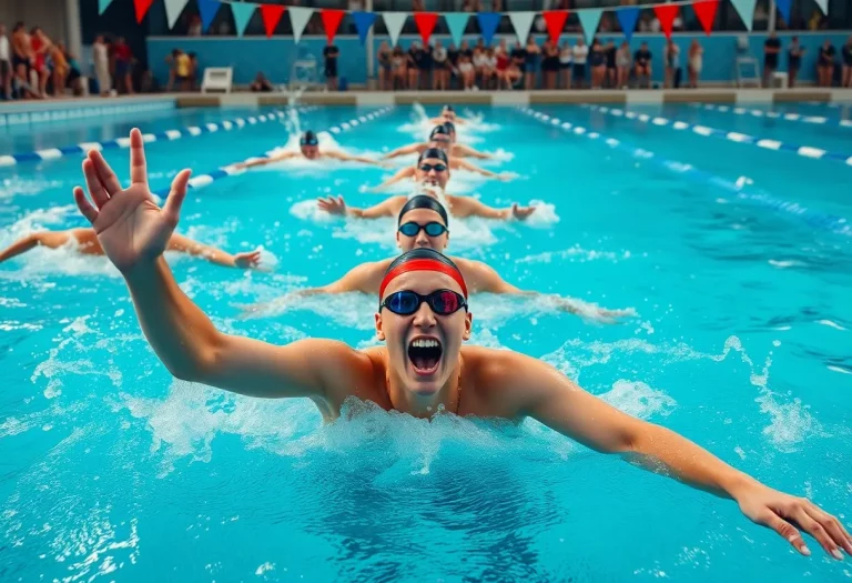 Athletes competing in a swimming relay race in a championship setting.