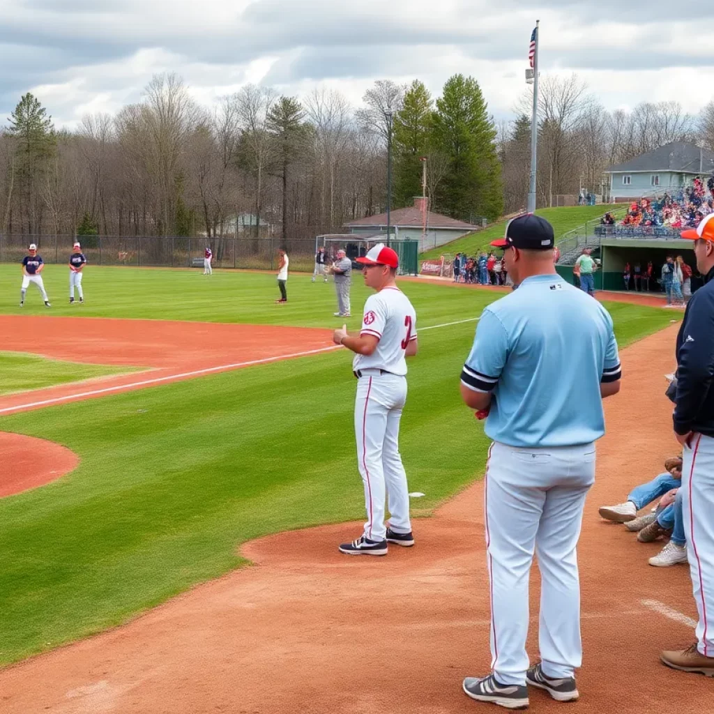 Spring high school baseball game in Northern Maine with players in action