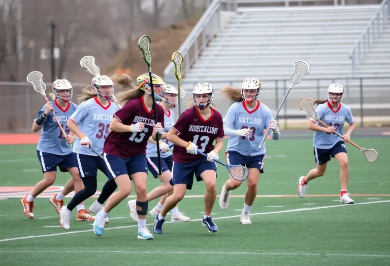 Northern Maine Moose high school lacrosse team practicing on the field.