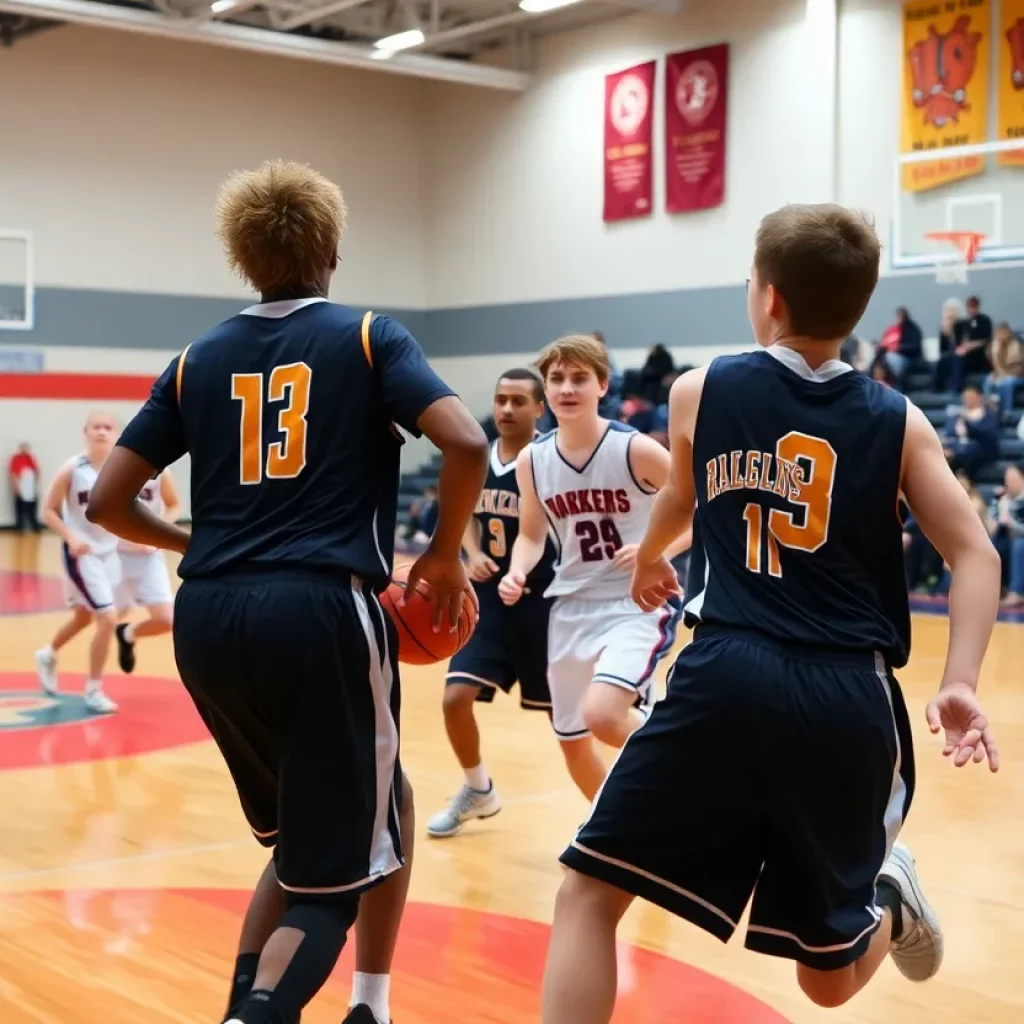 High school basketball players in action during a game