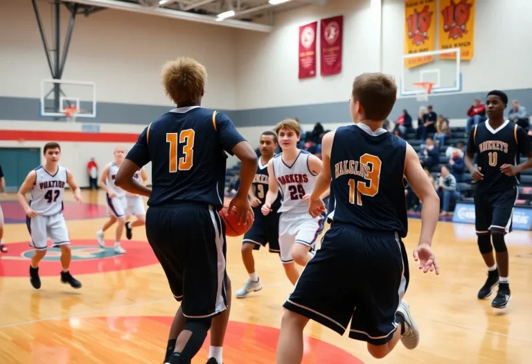 High school basketball players in action during a game