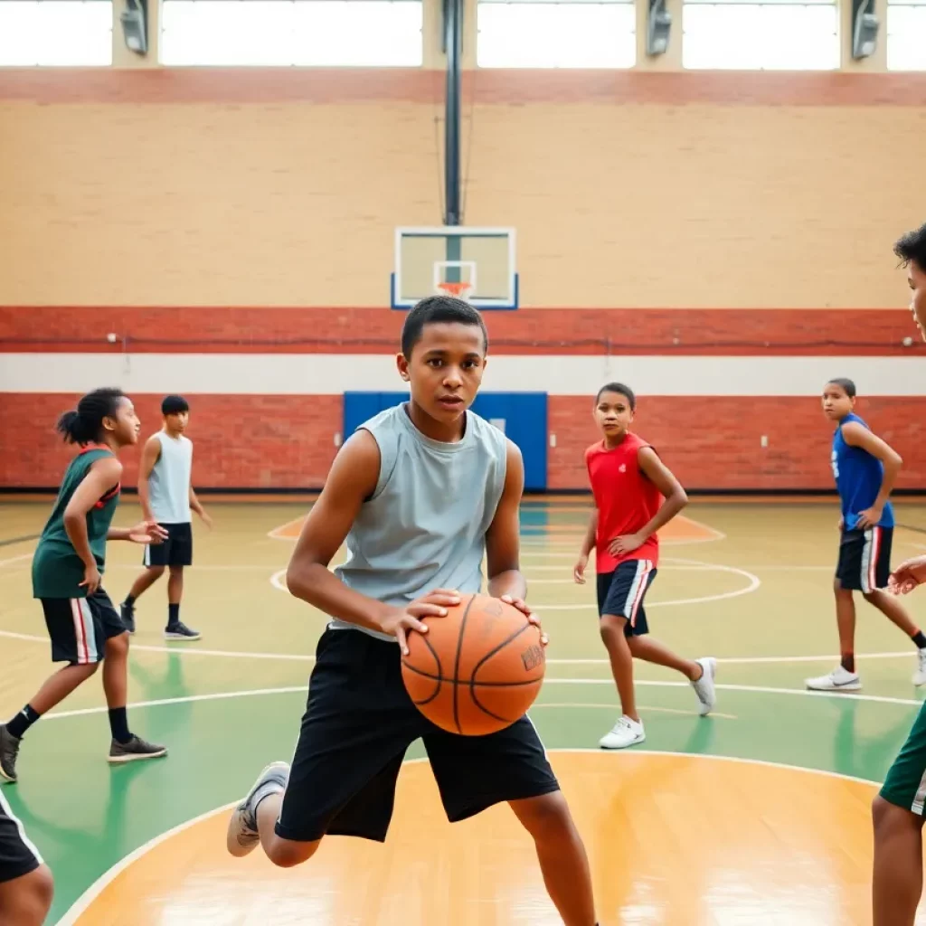 Young basketball players practicing at Oak Hill Academy