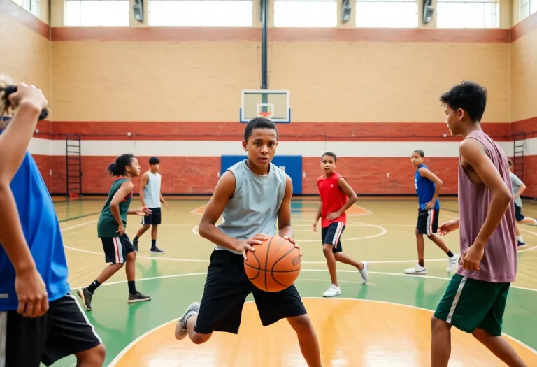 Young basketball players practicing at Oak Hill Academy