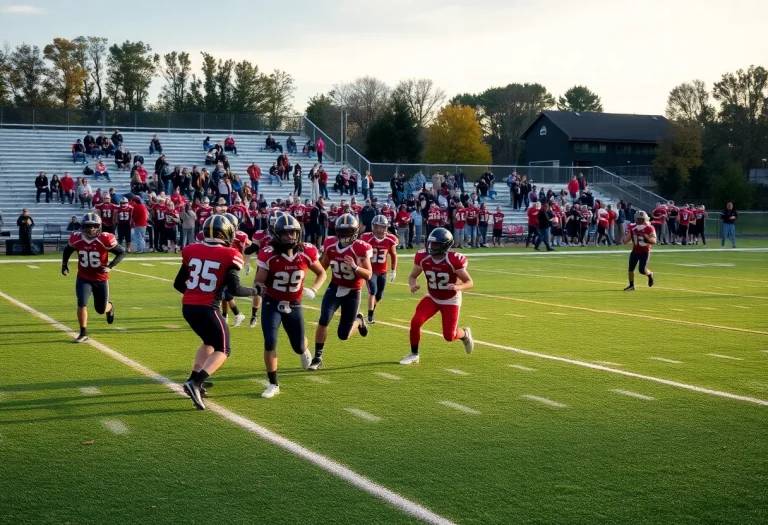 High school football players competing on the field with fans in the stands.