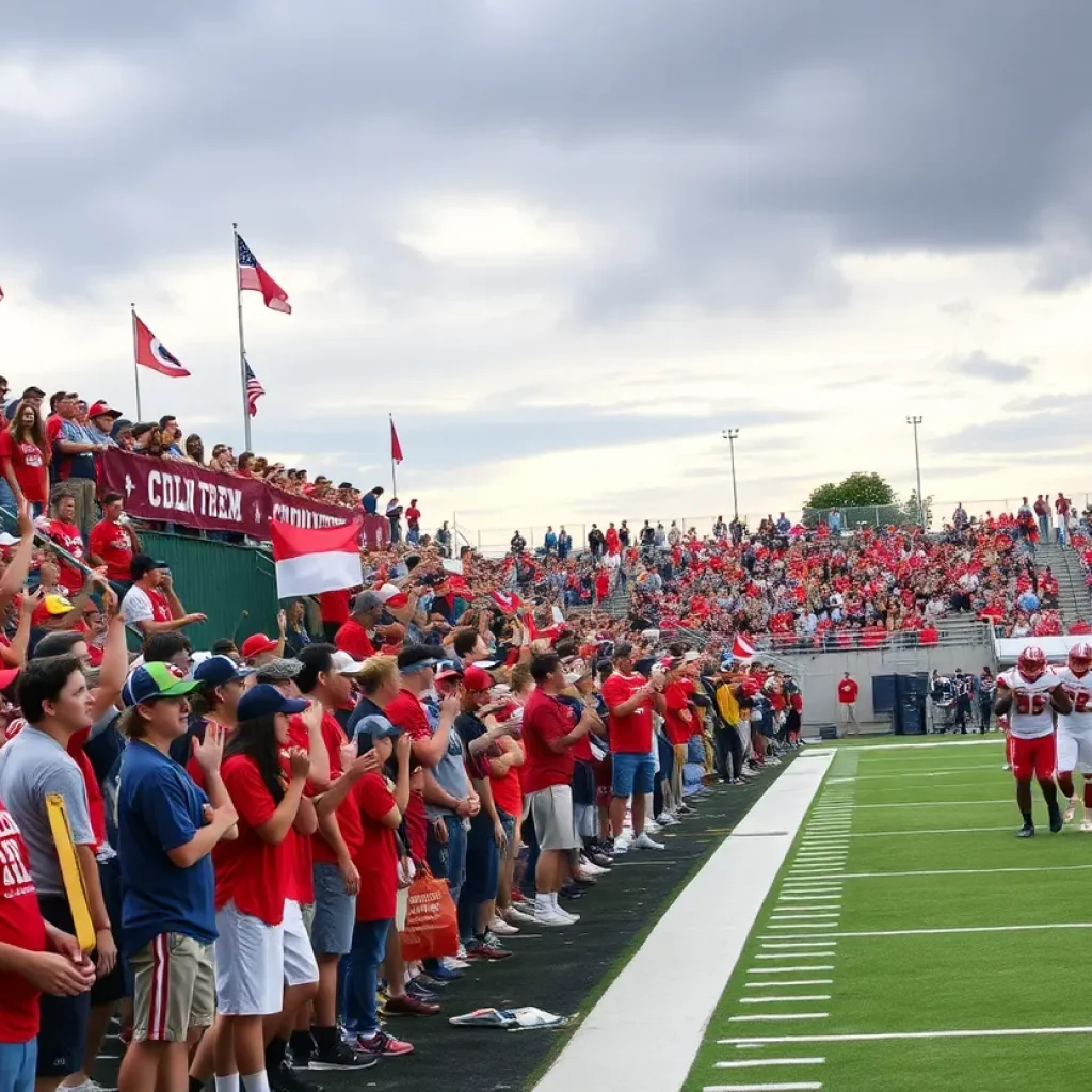 High school football game in Ohio with players and cheering fans.