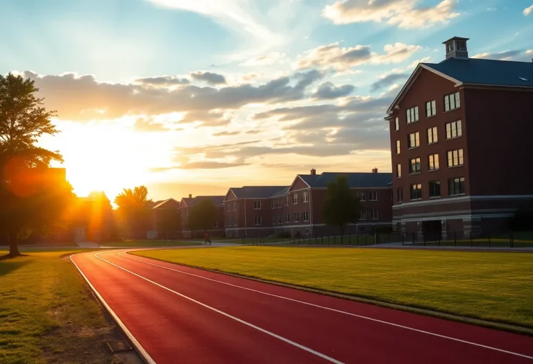 A picturesque view of the Ohio University campus at sunrise with runners on the track.