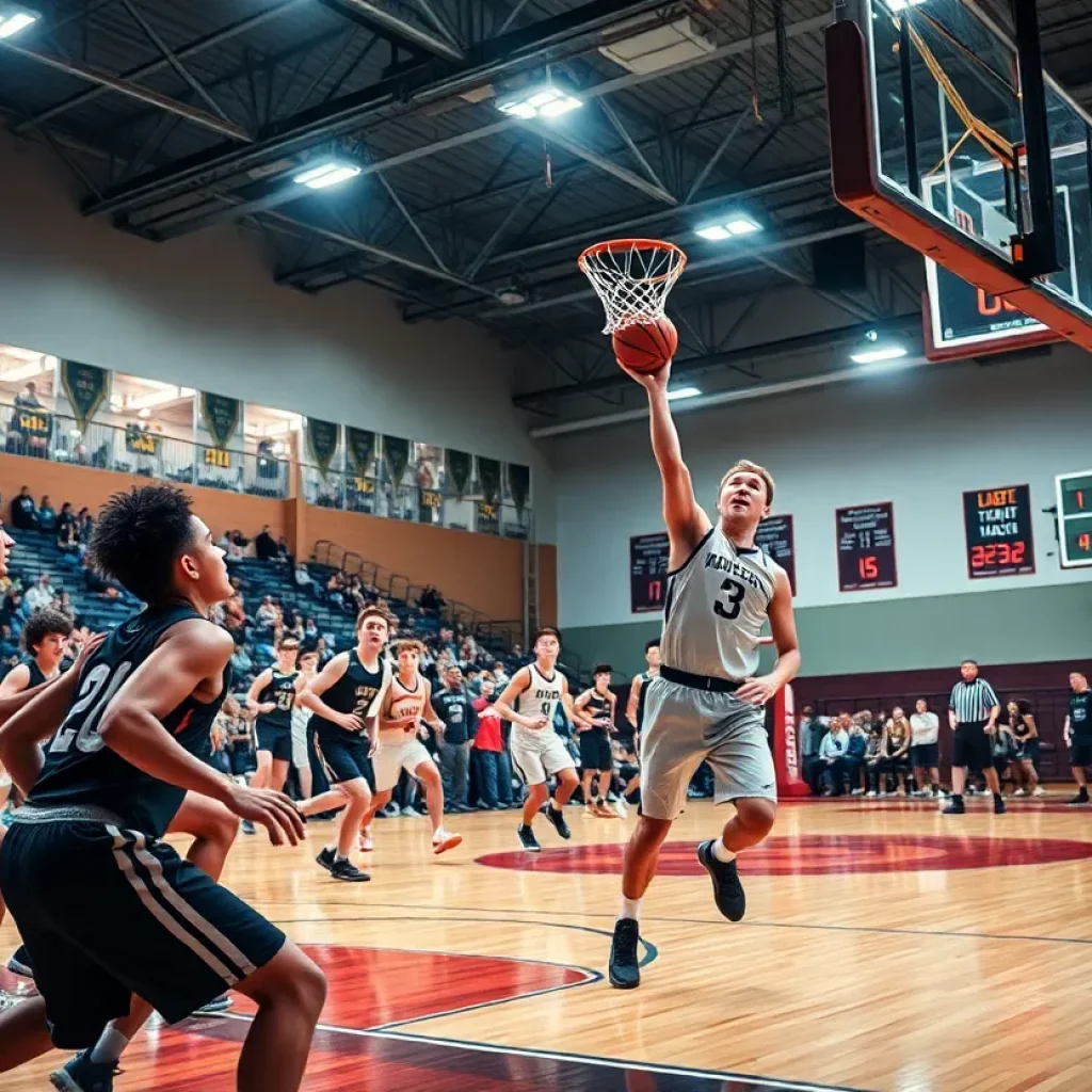 High school basketball players in action during a game with a shot clock visible.