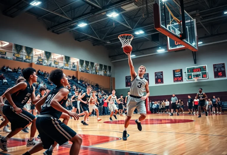 High school basketball players in action during a game with a shot clock visible.