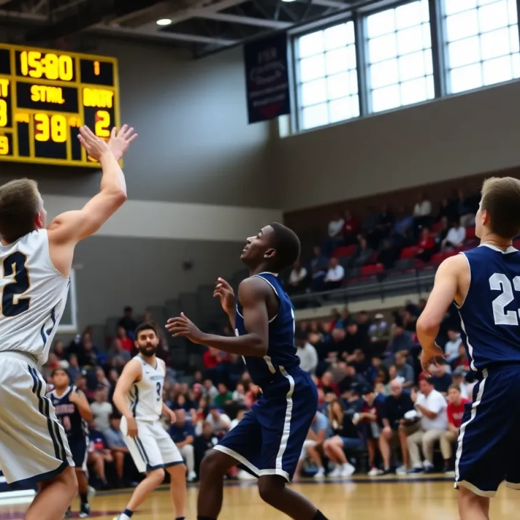 Players in action during a high school basketball game in Oklahoma with shot clock