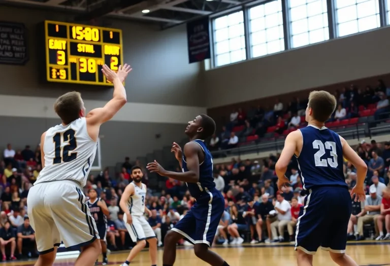 Basketball players in action on the court with a shot clock visible.