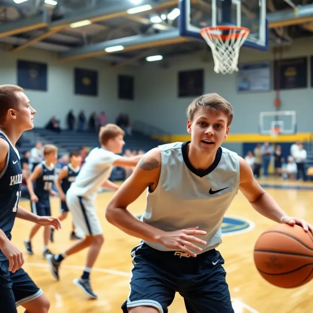 Players on the basketball court during a high school game in Oklahoma.