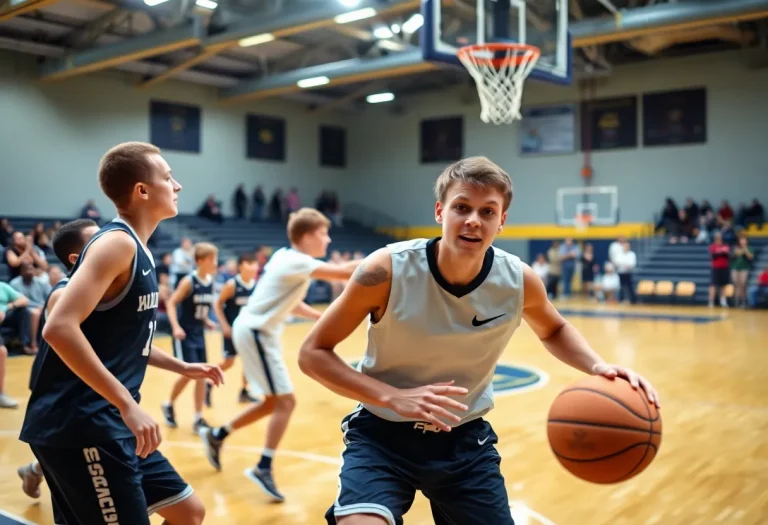 Players engaging in a fast-paced basketball game in Oklahoma high school.