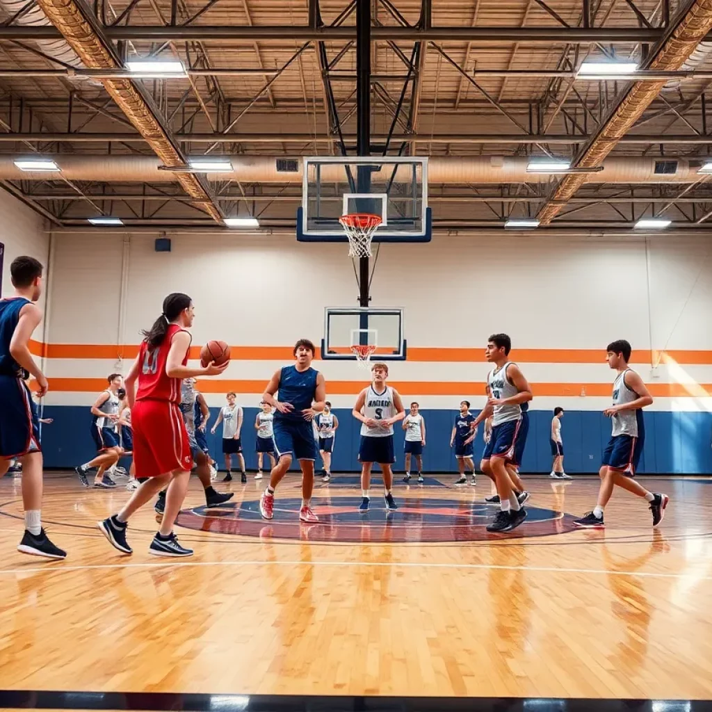 High school basketball players in action on the court