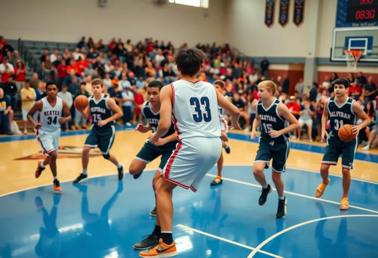 High school basketball players in action during a game