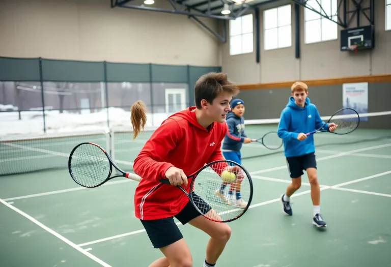 Park City Miners Boys Tennis Team competing during a match indoors.