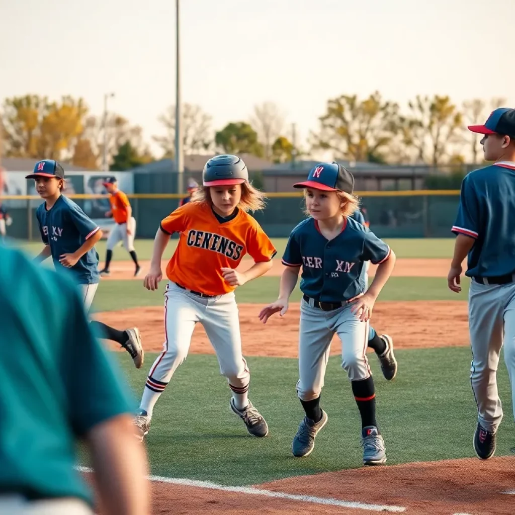 Young baseball players in a game on the field