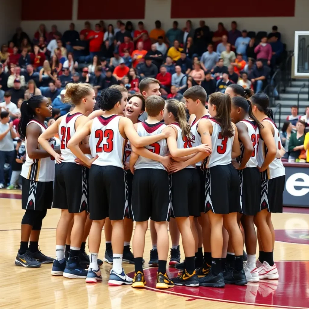 Petersburg High School basketball team huddled on the court