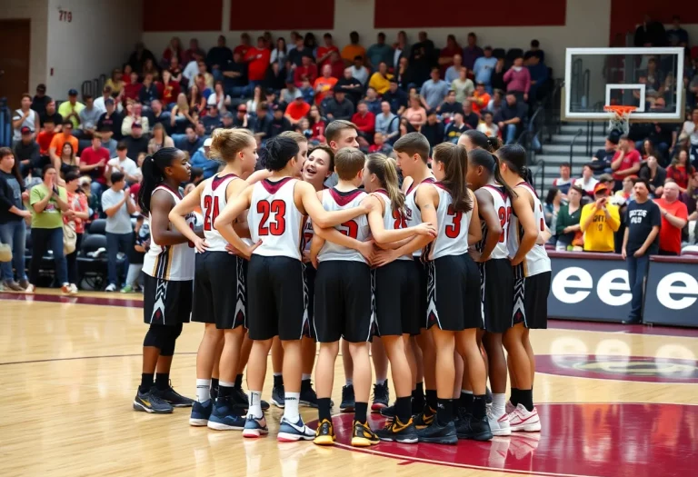 Petersburg High School basketball team huddled on the court