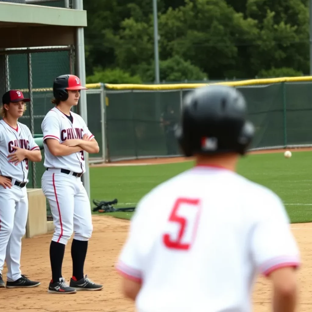 Pinnacle High School baseball players in the dugout during a tense moment