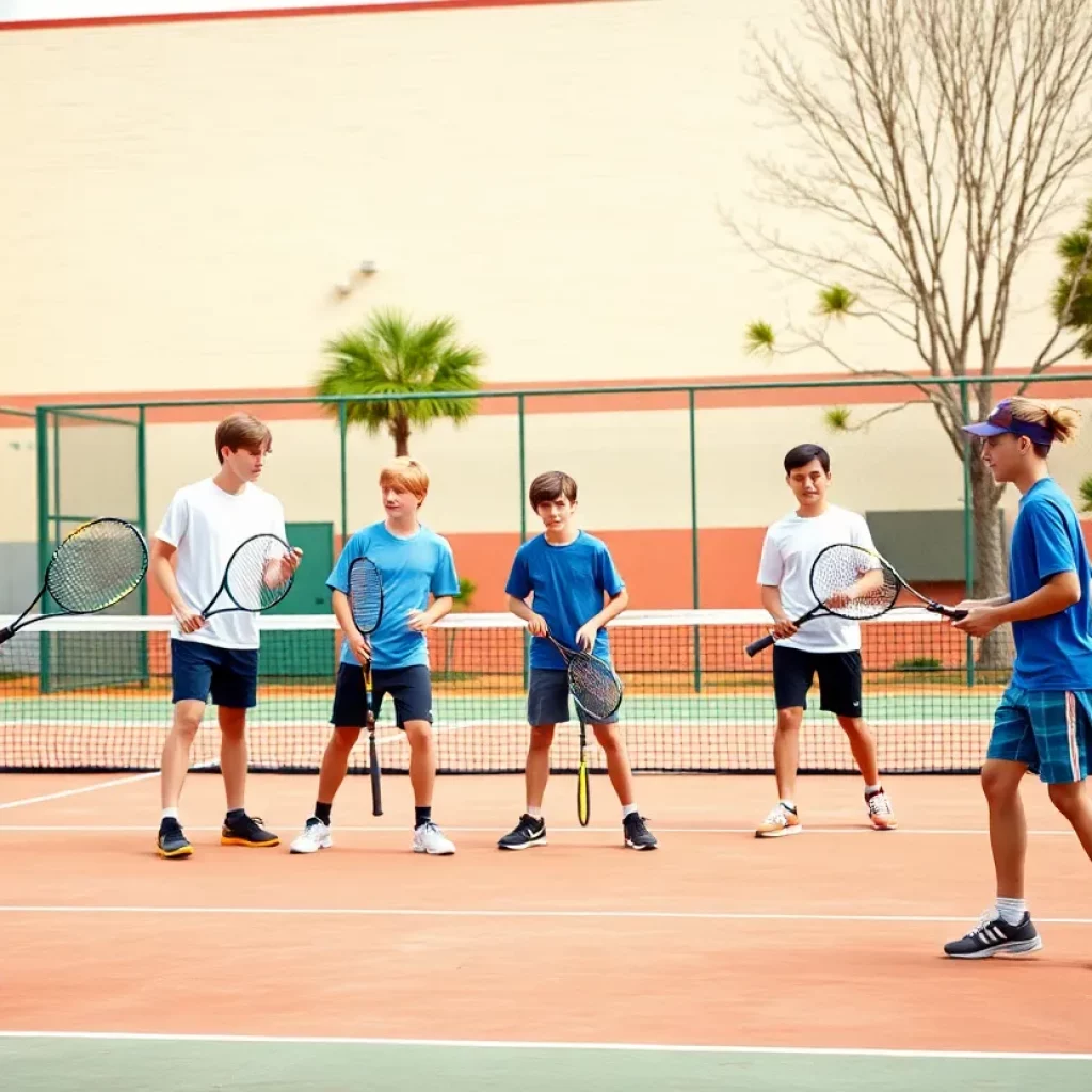 Boys tennis team practicing together on the court.
