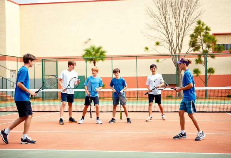 Boys tennis team practicing together on the court.