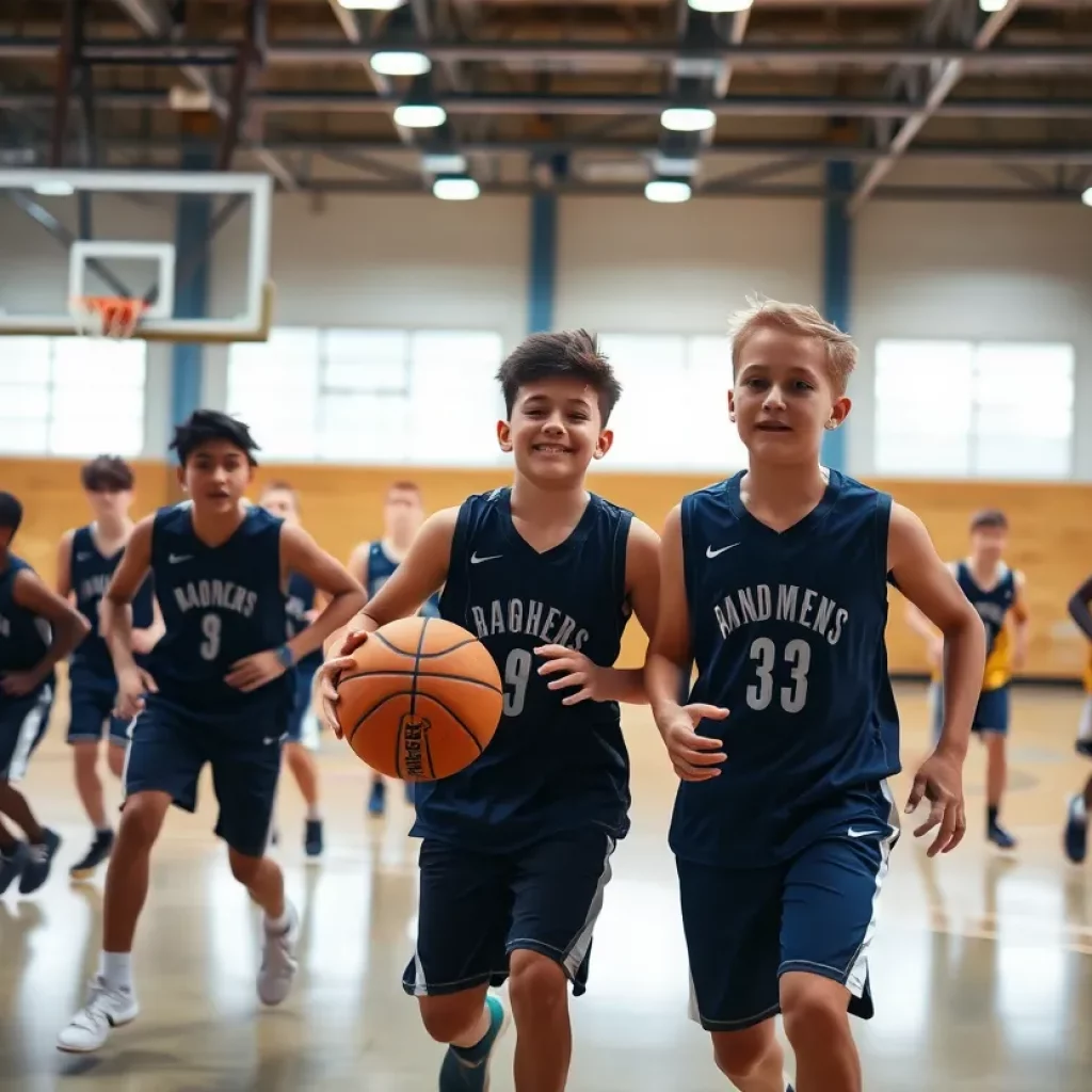 Young basketball players on a court celebrating a commitment