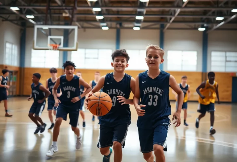 Young basketball players on a court celebrating a commitment