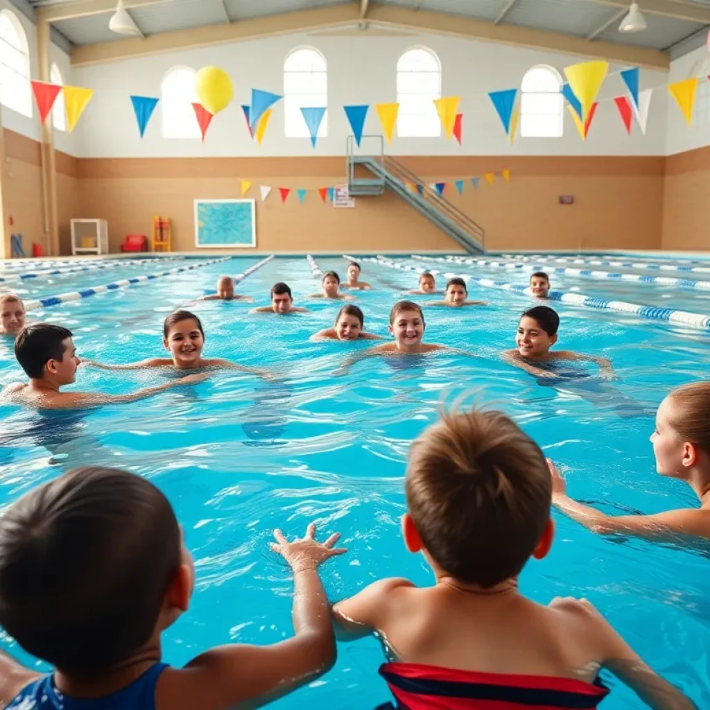 Students engaged in a swimming lesson at the aquatic center