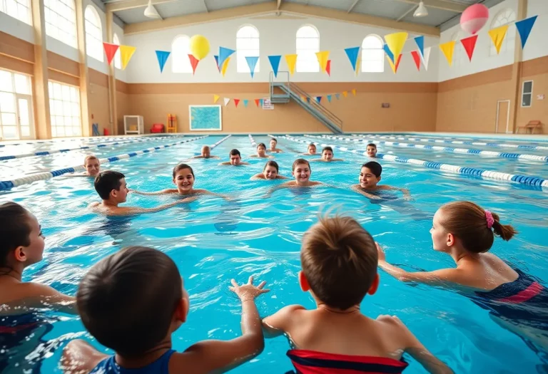 Students engaged in a swimming lesson at the aquatic center