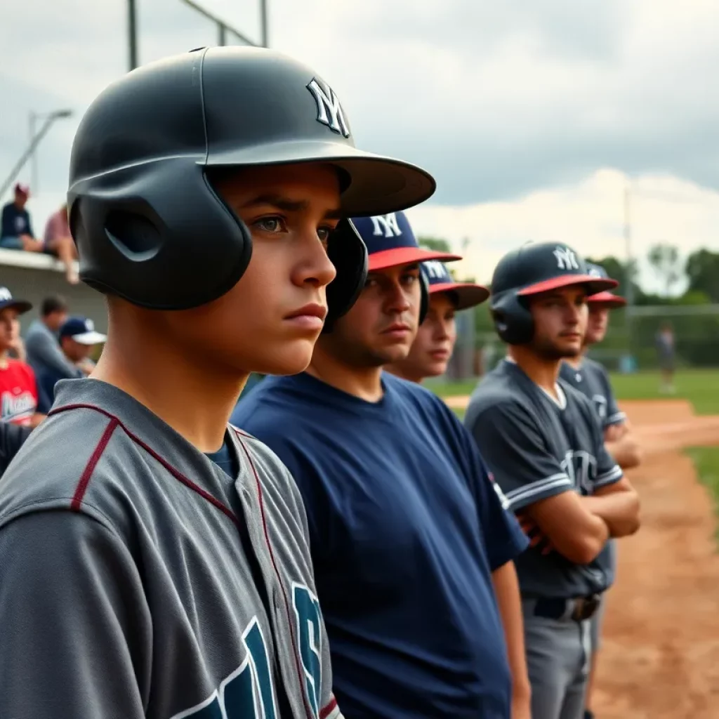 Concerned players and coaches during a high school baseball game