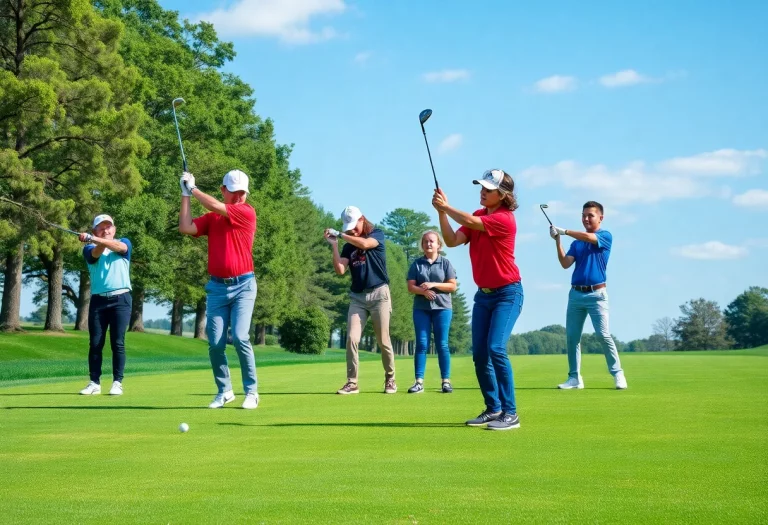 High school golfers practicing on a green golf course