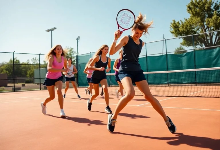 High school girls' tennis match with players competing on the court