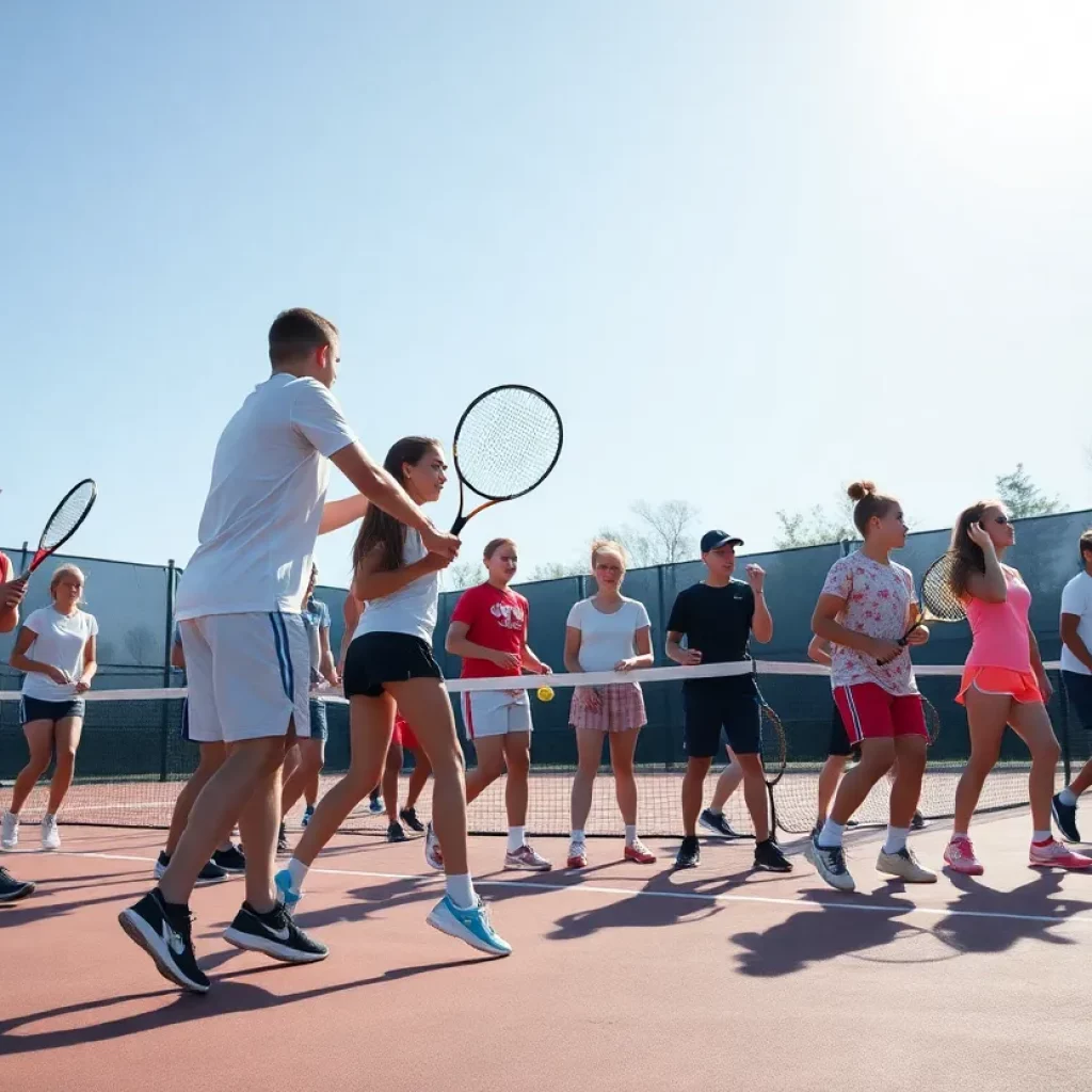 High school tennis team practicing on court
