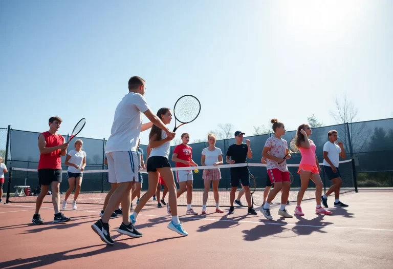 High school tennis team practicing on court