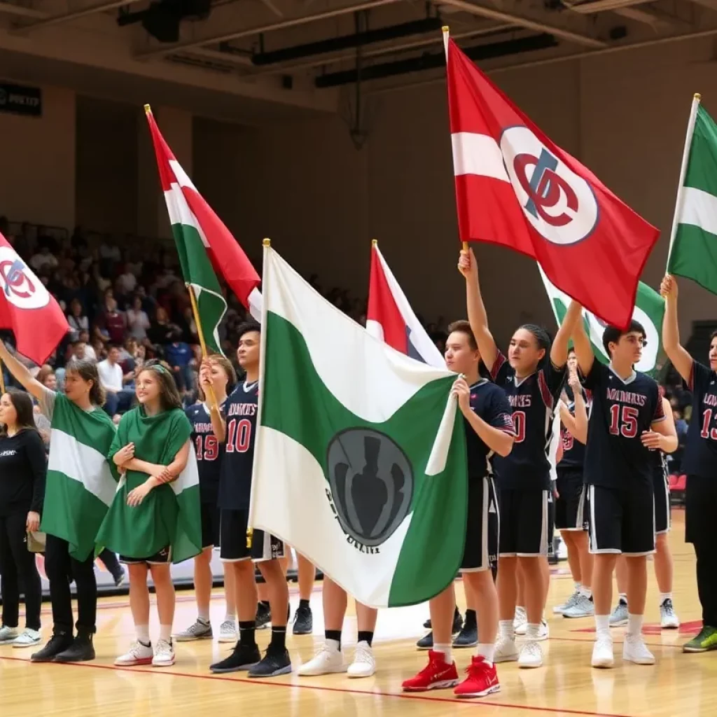 High school basketball teams showcasing their flags during the Men's Final Four ceremony.