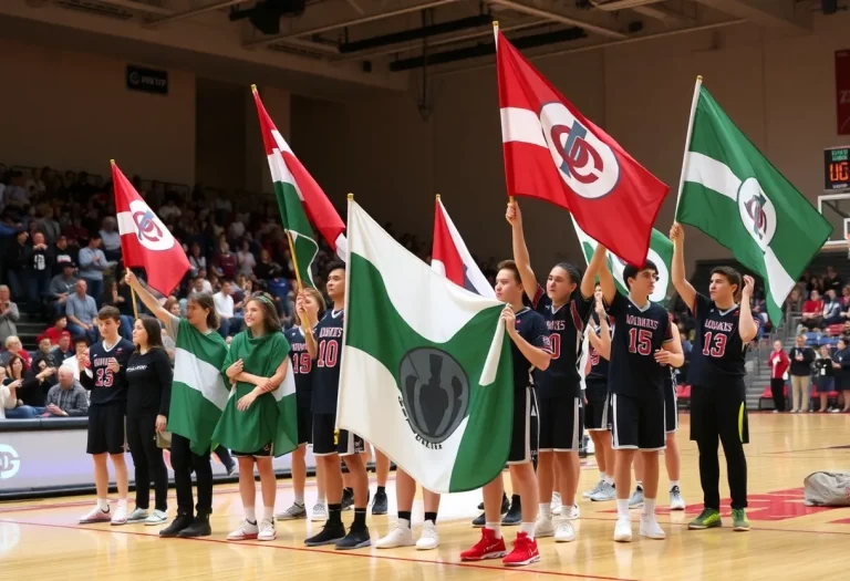 High school basketball teams showcasing their flags during the Men's Final Four ceremony.