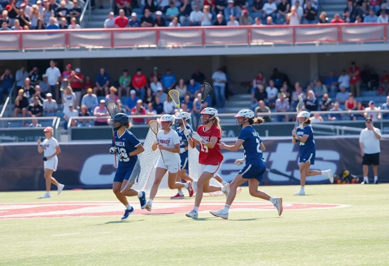 Lacrosse players in action during a game with spectators in the background