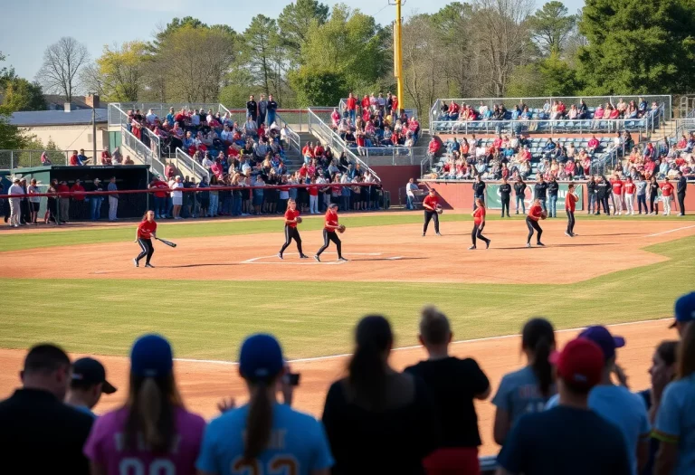 High school softball teams practicing on the field