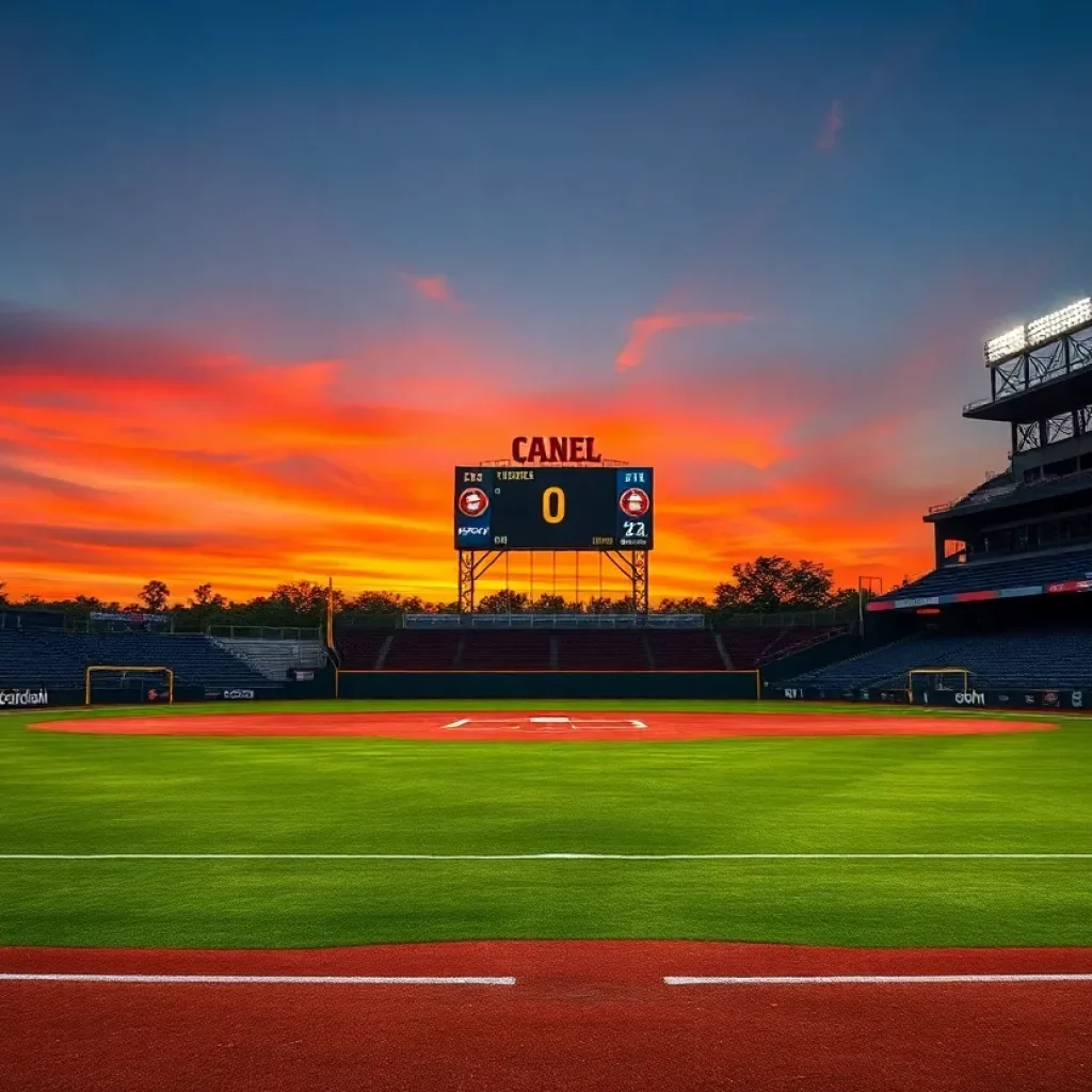 View of an empty baseball field at Segerstrom High School during sunset.