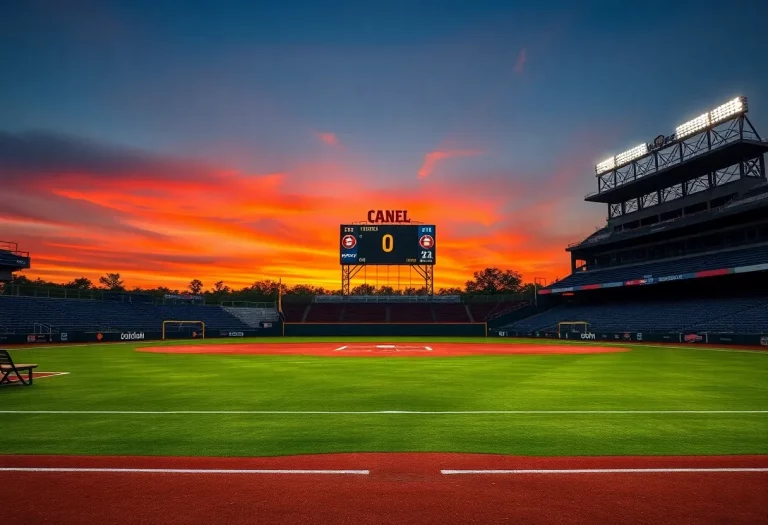 View of an empty baseball field at Segerstrom High School during sunset.